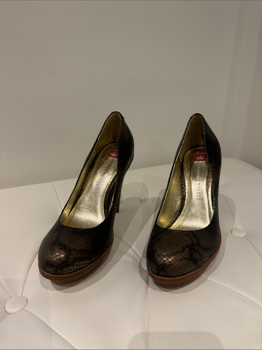 Elaine Turner Brown Snake-Print Platform Pumps